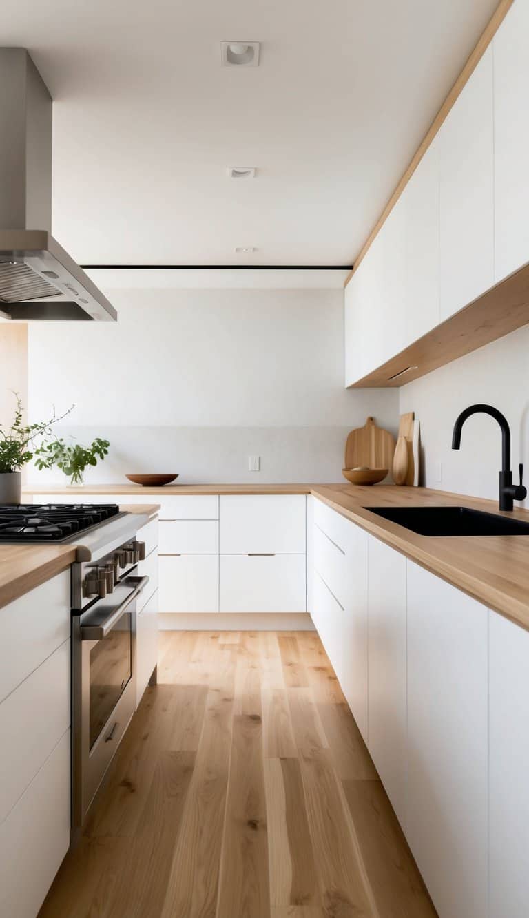 A minimalist Japanese kitchen with clean white surfaces, natural wood accents, and soothing neutral tones