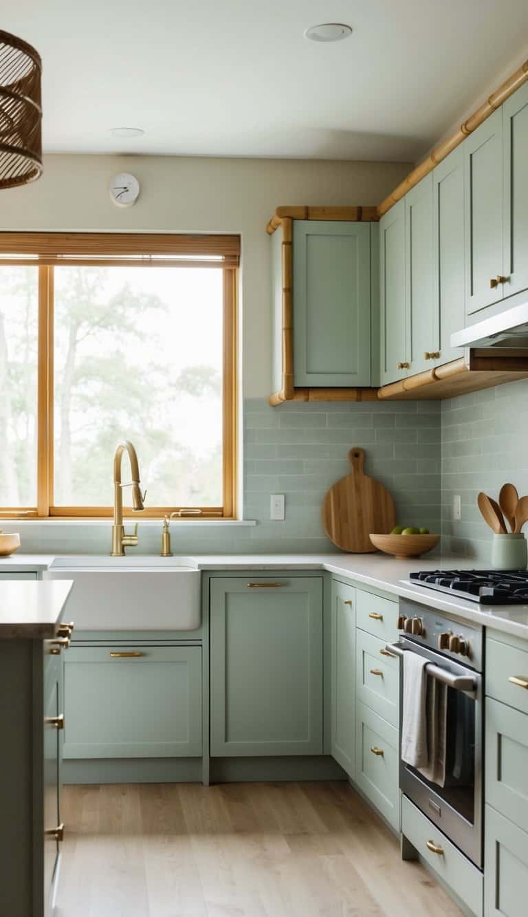 A serene kitchen with bamboo accents, minimalist style, and a soothing color palette