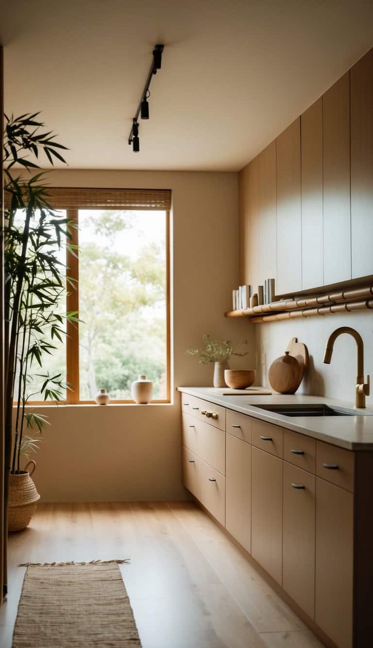 A serene kitchen with warm, earthy neutrals and minimalist decor. Bamboo accents and natural light create a peaceful and zen atmosphere
