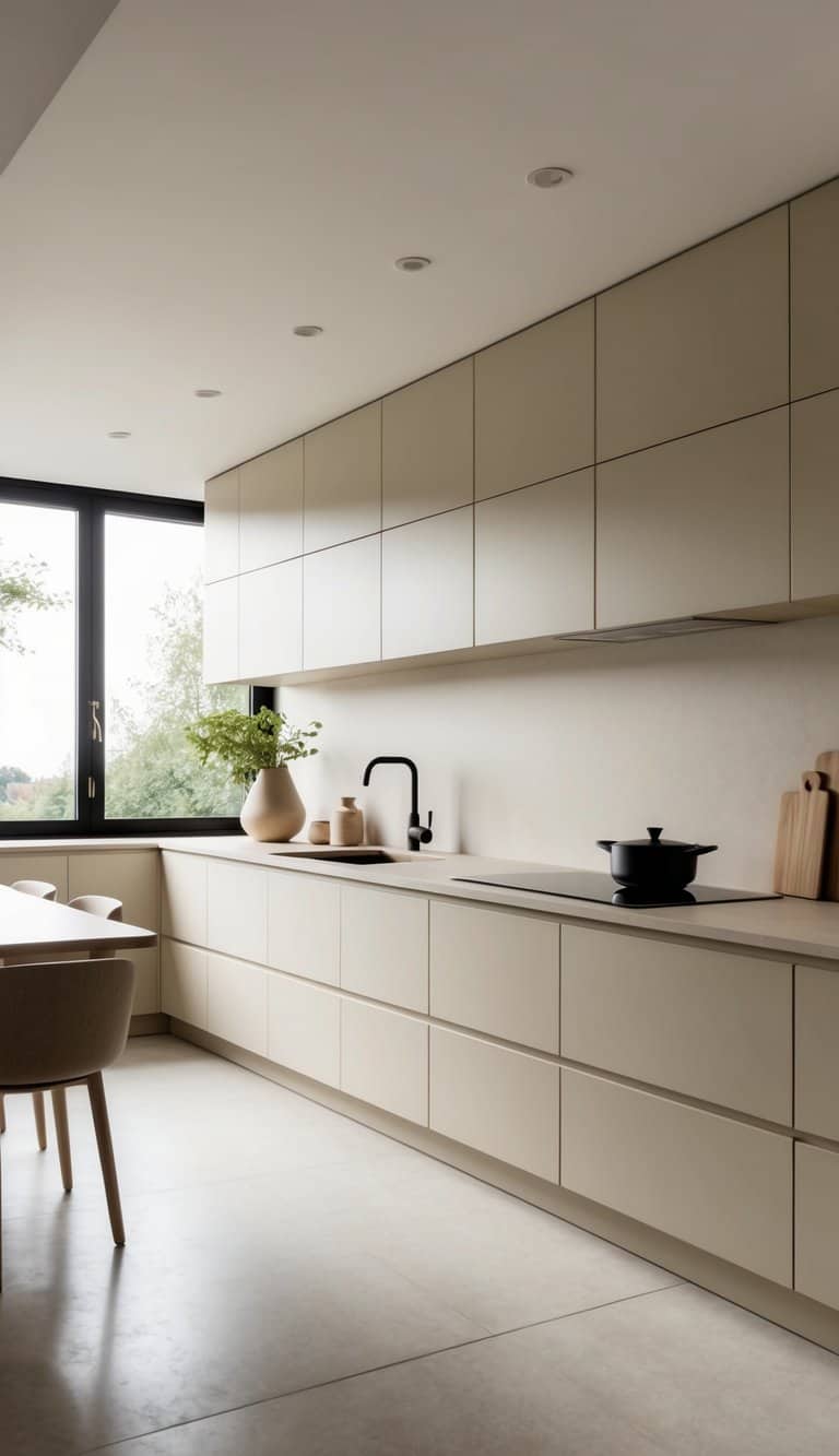A serene kitchen with minimalist design, featuring neutral beige tones and clean lines, exuding a sense of calm and tranquility