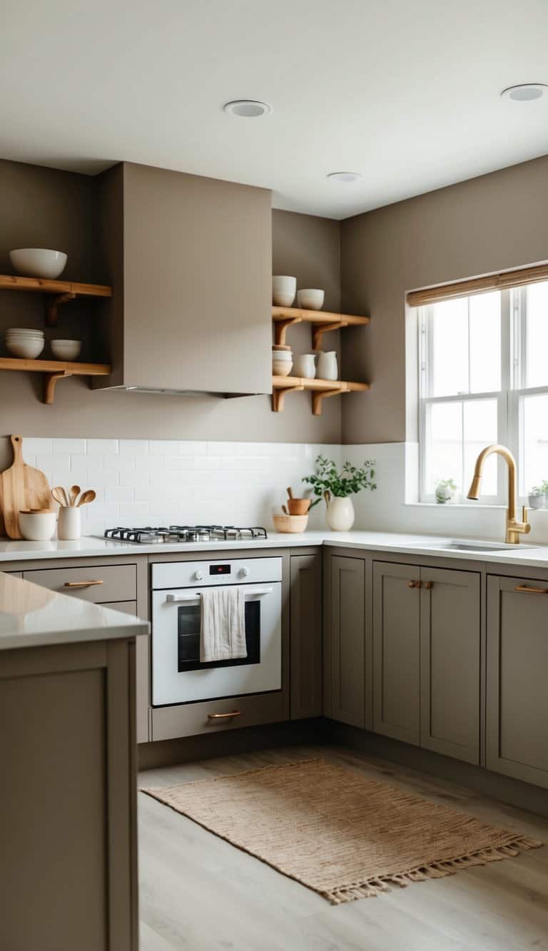 A serene kitchen with taupe walls, bamboo accents, and minimalist decor, bathed in soft natural light