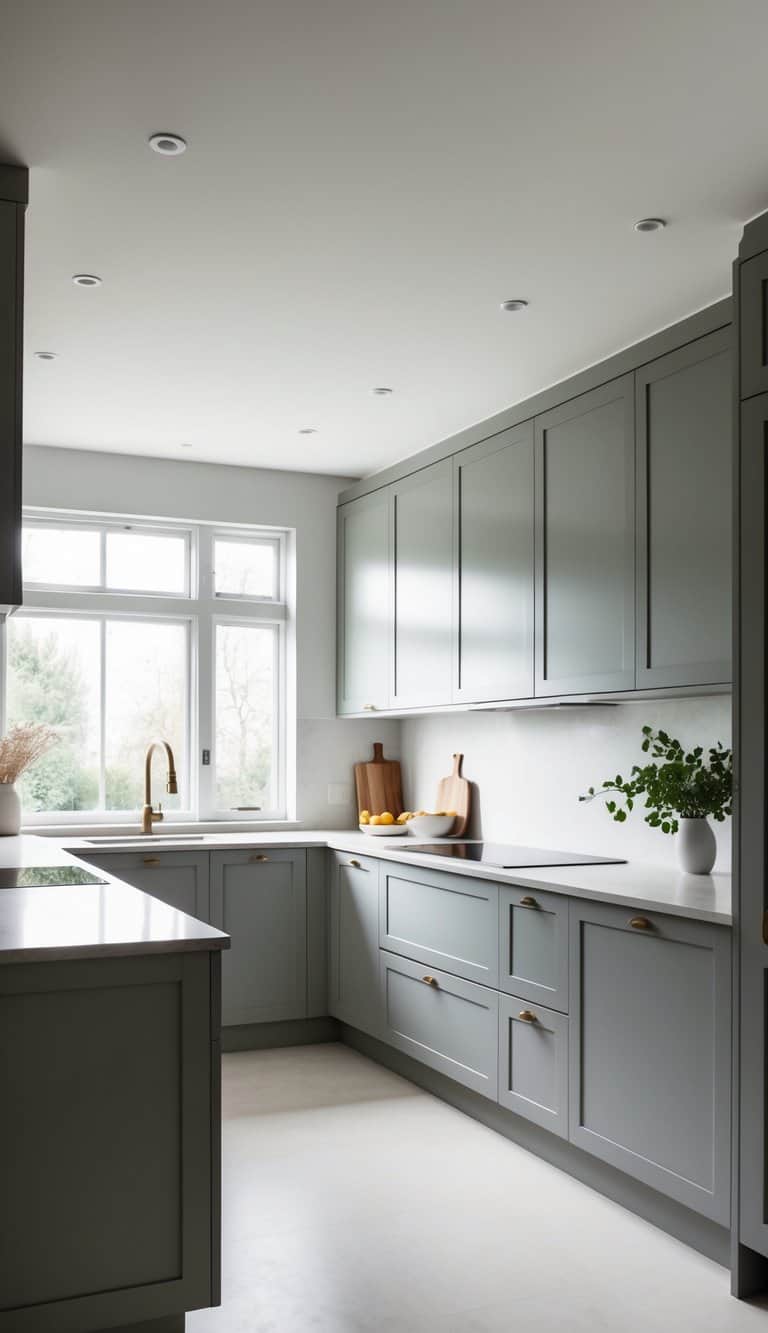 A serene, minimalist kitchen with neutral grey tones, clean lines, and natural light streaming in through large windows