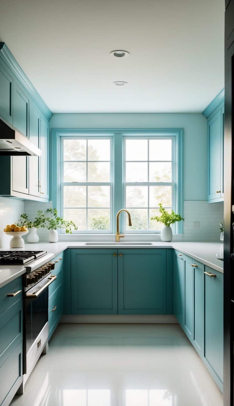 A serene kitchen with soft blue hues, minimalist decor, and natural light filtering in through large windows
