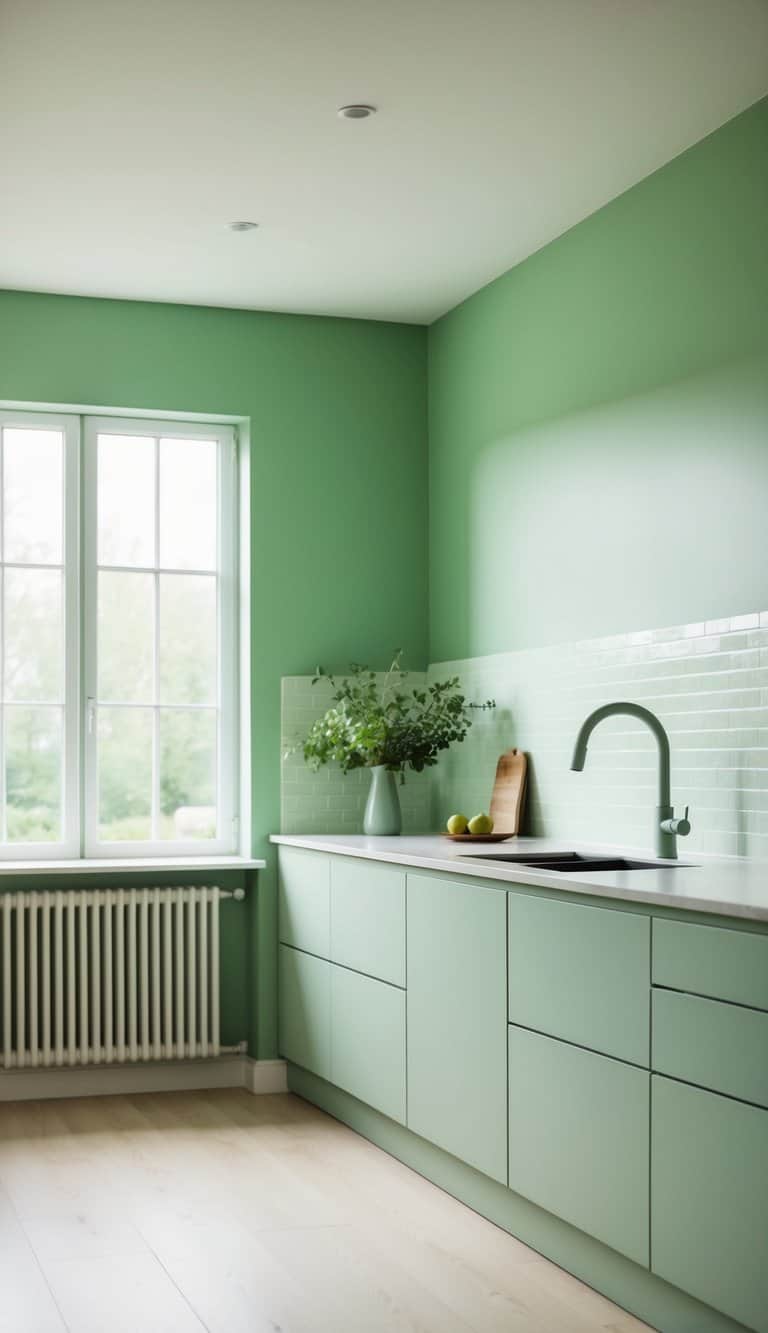 A serene kitchen with soft green tones, minimalist design, and natural light streaming in through large windows