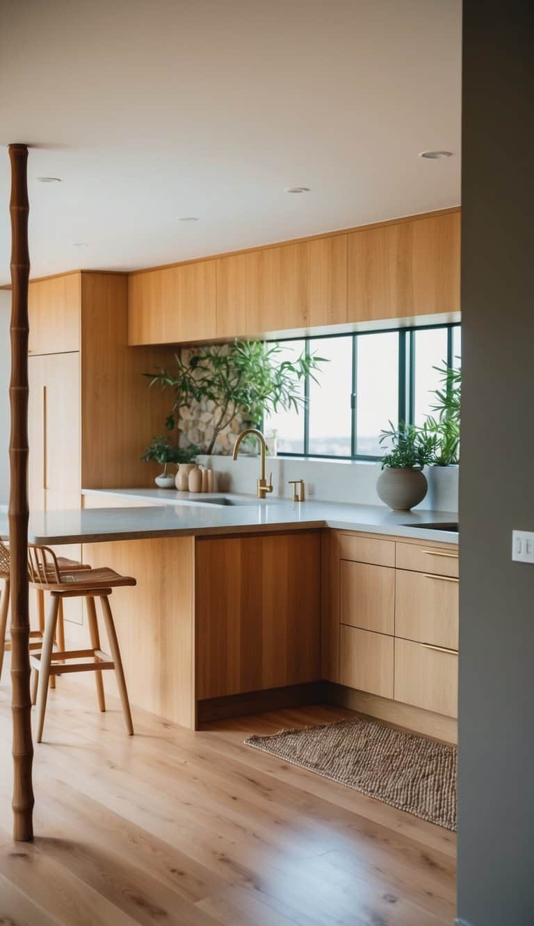 A serene kitchen with warm wood tones, minimalist design, and natural elements such as stone and bamboo. Peaceful and harmonious ambiance
