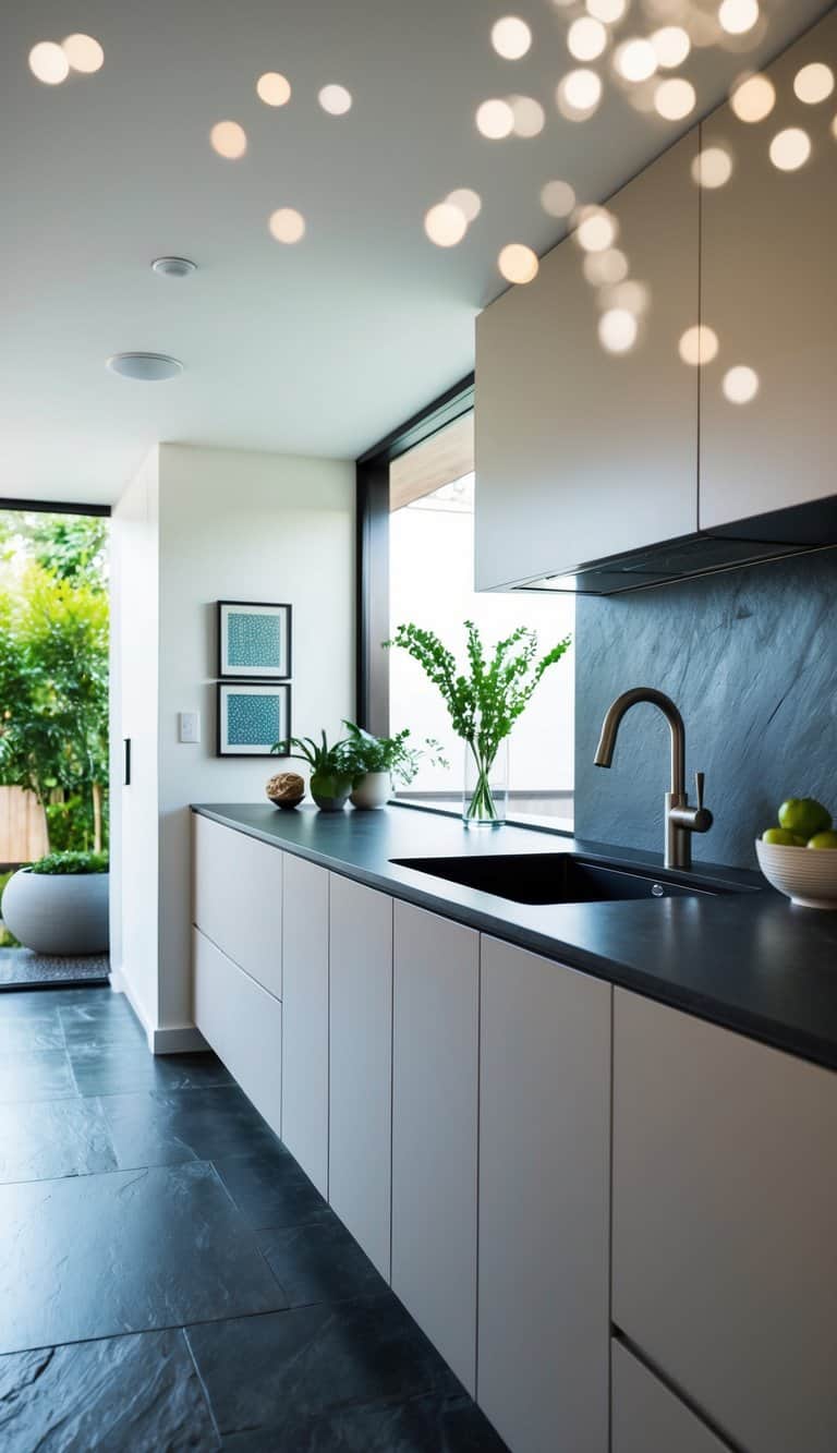 A modern kitchen with sleek slate countertops in a zen style, featuring clean lines and calming colors