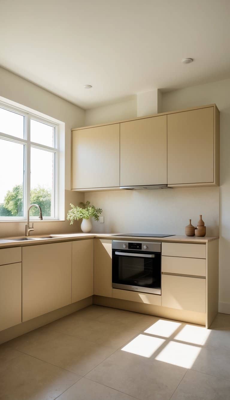 A serene kitchen with sand-colored cabinets, minimalist design, and natural light streaming in through large windows