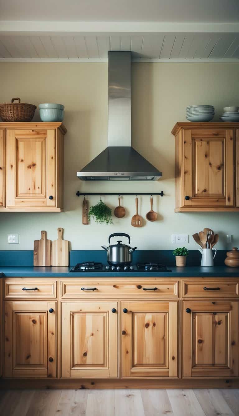 A serene kitchen with pine wood elements in 18 different zen styles and colors