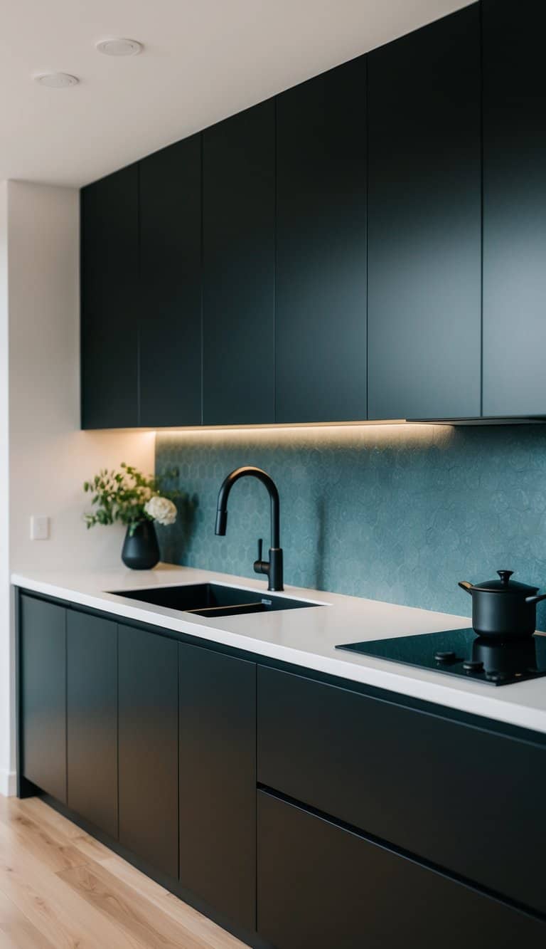 A sleek, modern kitchen with matte black fixtures and a zen-inspired color scheme