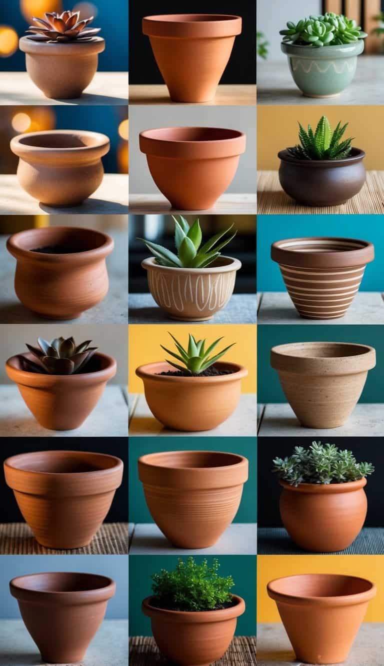 A display of various clay pots and planters in 18 different Zen kitchen styles and colours