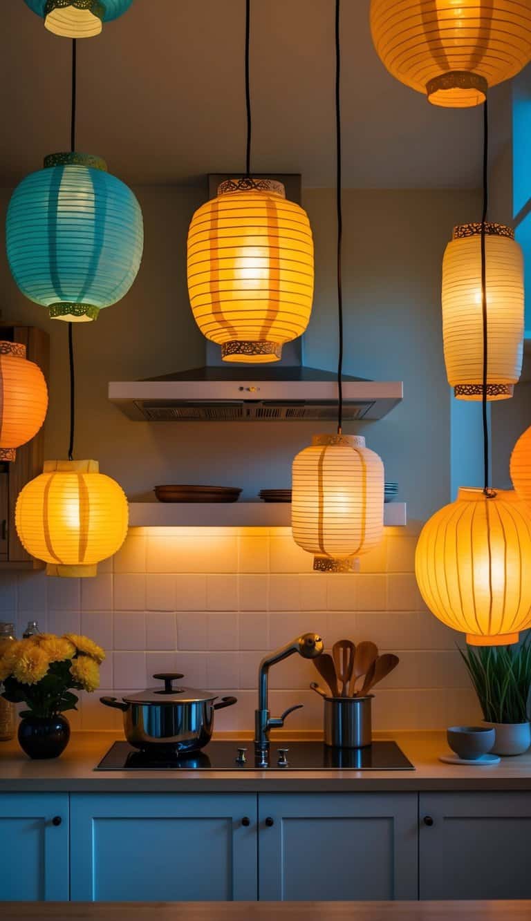 A serene Zen kitchen with rice paper lanterns casting a warm, soft glow in 18 different styles and colors