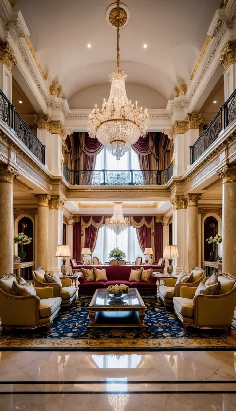 A grand living room with opulent furnishings, high ceilings, and intricate architectural details. Rich colors and luxurious fabrics create an elegant and sophisticated atmosphere
