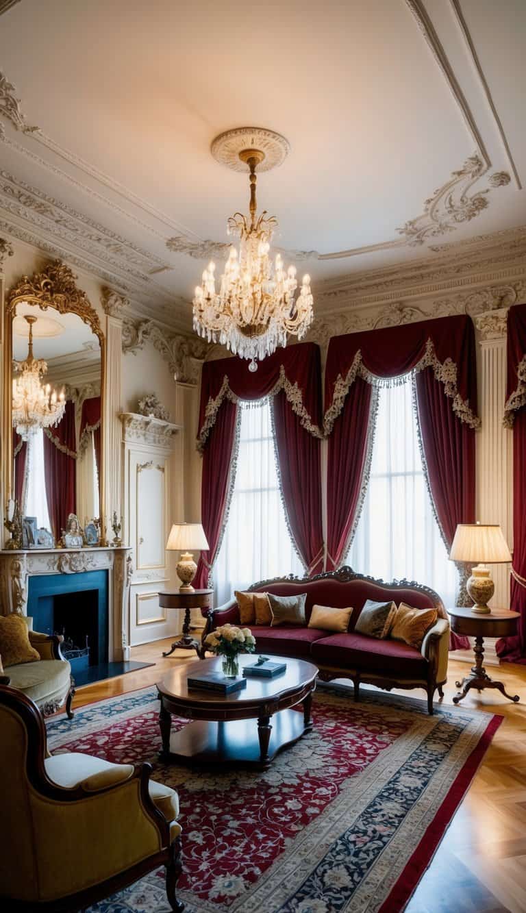 A grand living room with ornate furniture, intricate moldings, and a chandelier. Rich fabrics and elegant decor create a luxurious Victorian ambiance