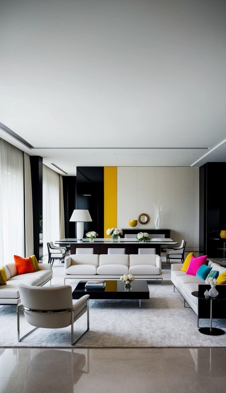 A spacious, elegant living room with sleek furniture, clean lines, and a pop of vibrant color. A mix of luxurious materials and a minimalist aesthetic create a grand, mid-century modern interior