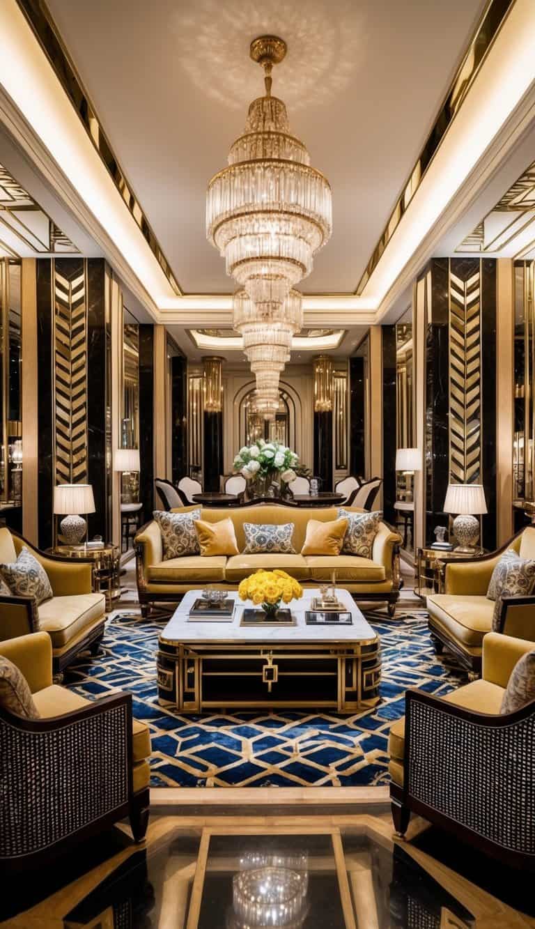 A lavish Art Deco living room with ornate furniture, geometric patterns, and luxurious materials exuding opulence and grandeur