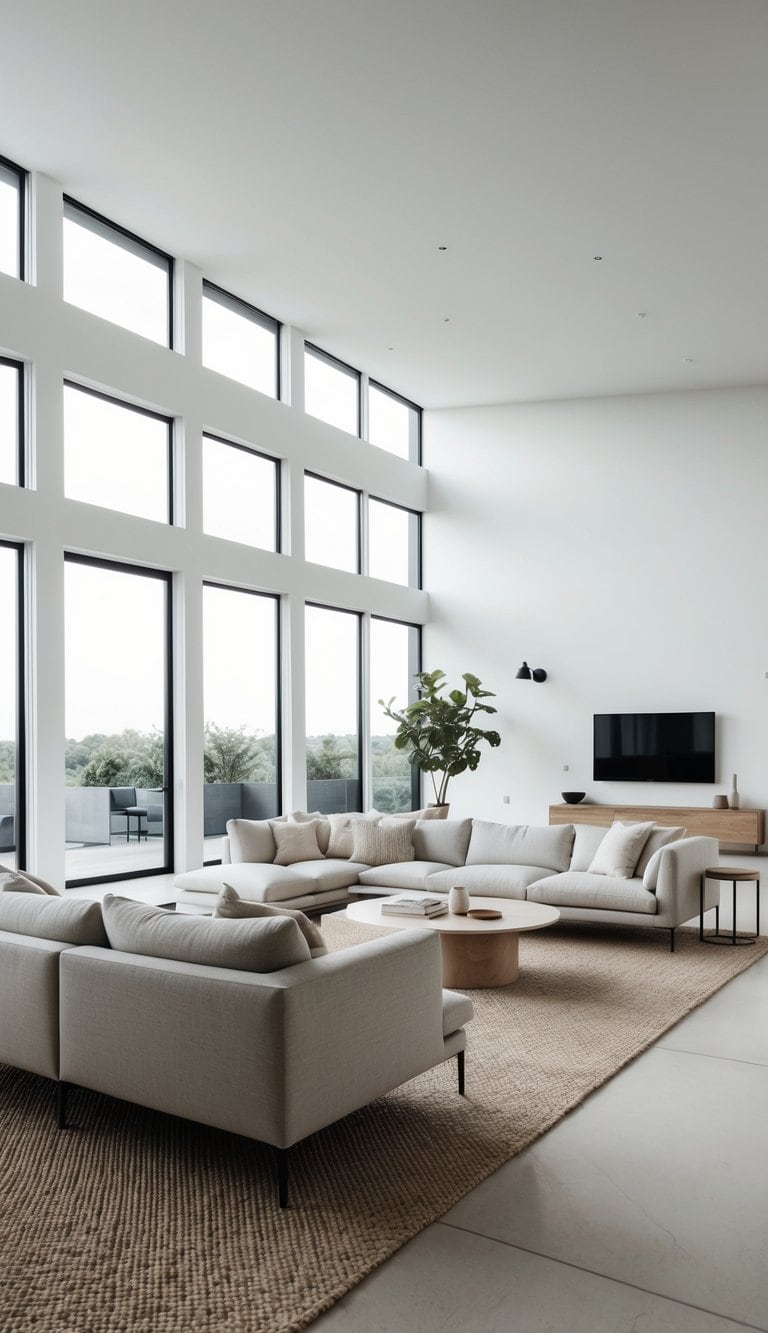 A spacious, minimalist living room with clean lines, neutral colors, and natural materials. Large windows let in plenty of natural light, highlighting the sleek and elegant furniture