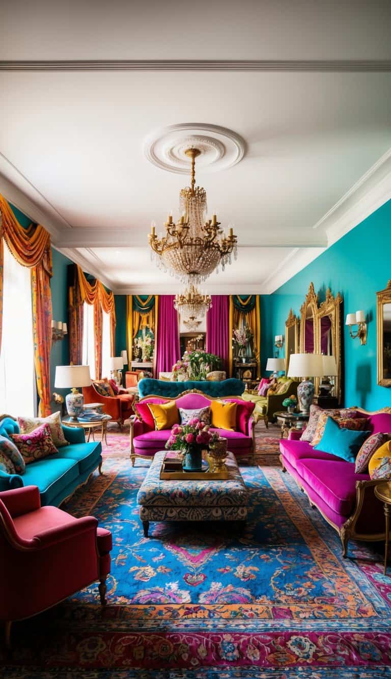 A spacious, opulent living room adorned with eclectic decor, plush seating, and vibrant colors, exuding a luxurious bohemian ambiance