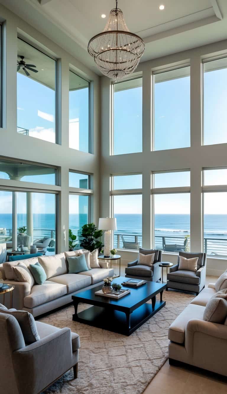A spacious, modern living room with high ceilings, large windows, and elegant coastal decor. A plush sofa, stylish coffee table, and ocean views complete the luxurious interior