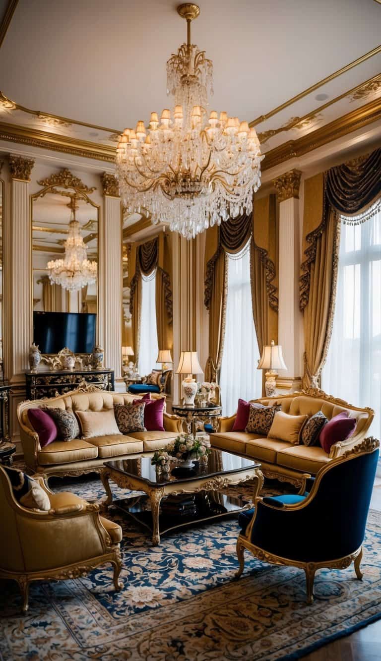 A grand living room with opulent furnishings, ornate decor, and lavish textiles. Rich colors and luxurious materials create an elegant and traditional ambiance