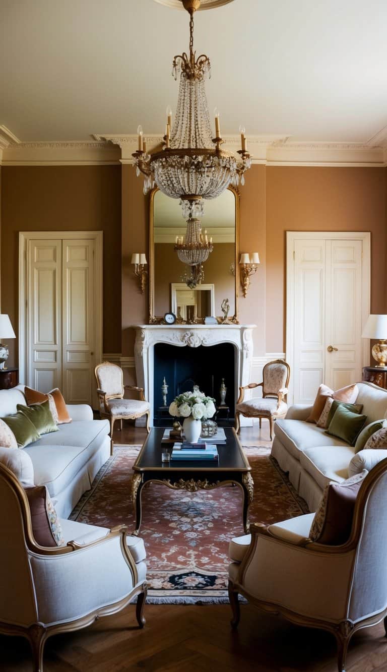 A grand living room with French country charm, featuring luxurious furnishings, elegant decor, and a warm color palette