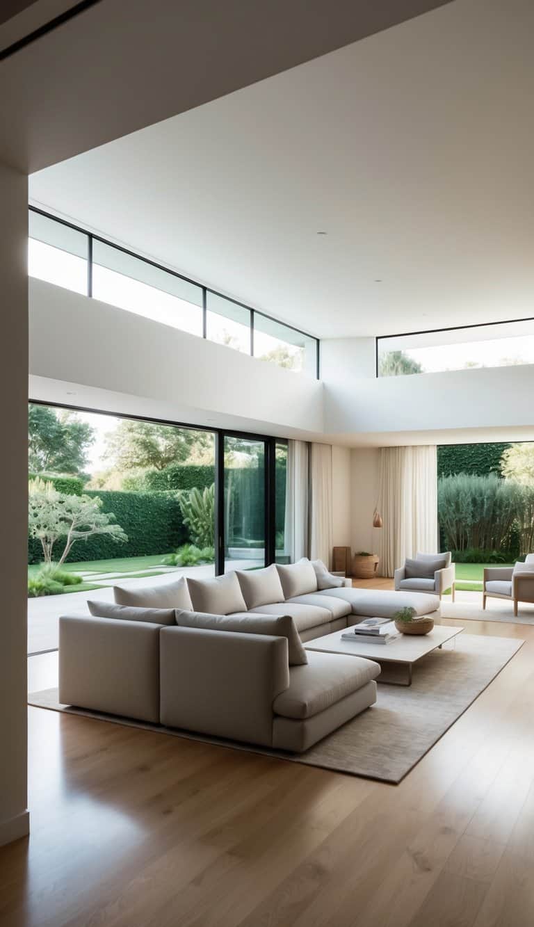 A spacious, serene living room with clean lines, neutral colors, and natural light. A large, comfortable sofa sits on a polished wood floor, surrounded by minimalist decor and a view of a tranquil garden