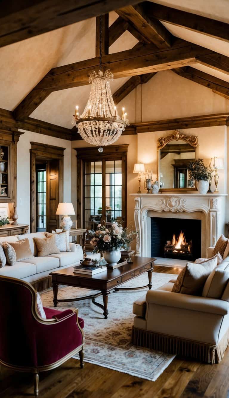 A grand living room with rustic warmth, featuring luxurious furniture, elegant decor, and a cozy fireplace