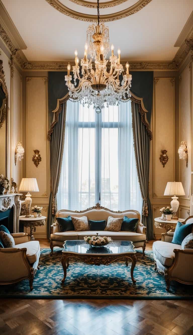 A grand living room with vintage Hollywood style, featuring luxurious furniture, ornate decor, and a glamorous ambiance