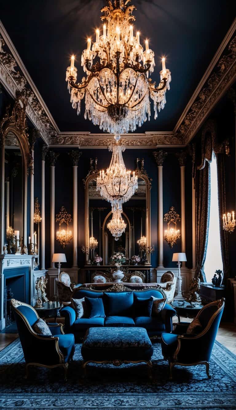 A grand Gothic Revival living room with ornate furniture, intricate moldings, and opulent chandeliers. Rich, dark colors and dramatic lighting create a luxurious atmosphere