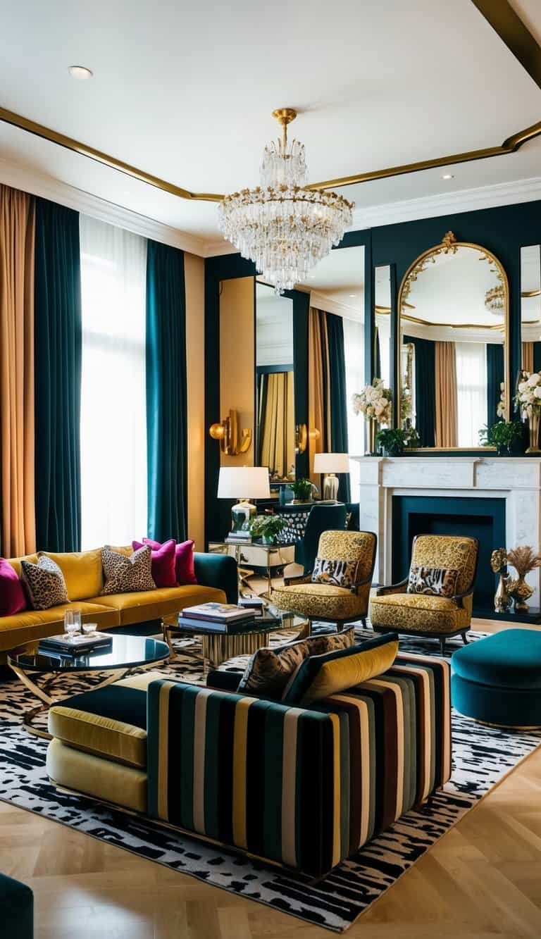 A grand living room with eclectic modern decor, featuring luxurious furniture, bold patterns, and a mix of textures. Rich colors and metallic accents add opulence to the space