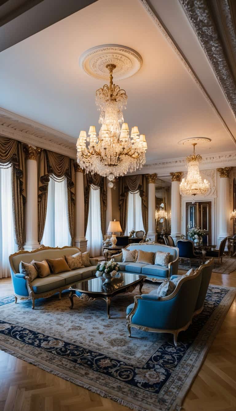 A spacious, opulent living room with ornate furniture, grand chandeliers, and intricate moldings. Rich fabrics and elegant decor create a luxurious colonial ambiance
