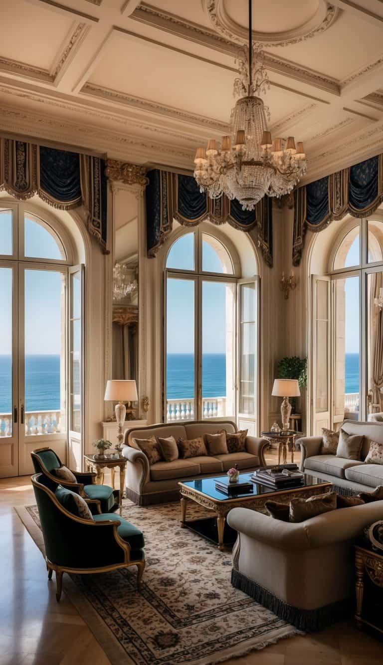 A spacious, opulent living room with high ceilings, ornate moldings, and grand windows overlooking the Mediterranean sea. Rich fabrics, luxurious furnishings, and intricate details create a lavish and elegant atmosphere