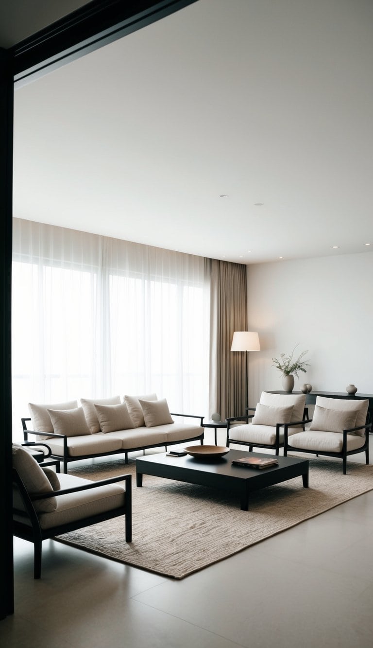 A spacious, minimalist living room with sleek furniture, natural materials, and subtle Asian-inspired decor. A large window lets in soft natural light, creating a peaceful and elegant atmosphere