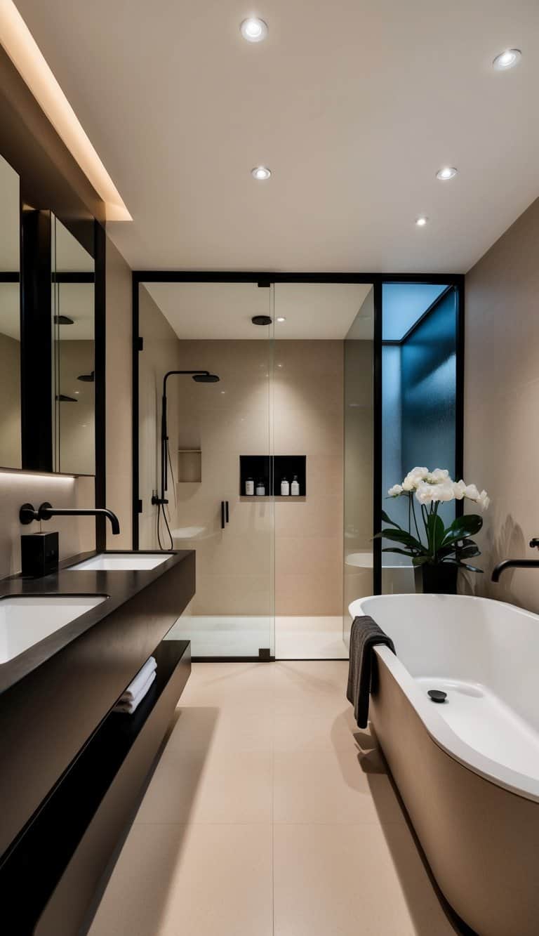 A spacious beige and black bathroom with modern fixtures and a sleek, minimalist design