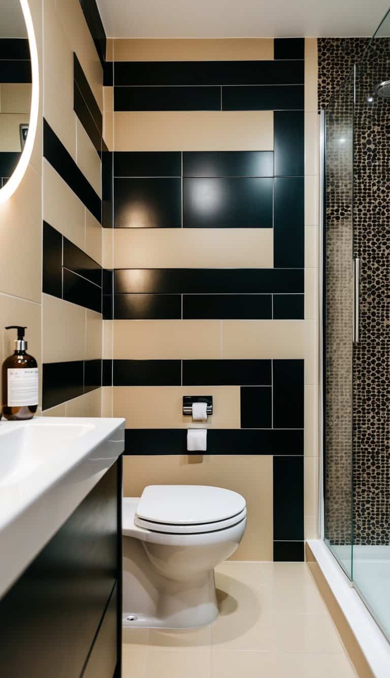 A bathroom with a mix of beige and black tiles, creating a modern and stylish aesthetic