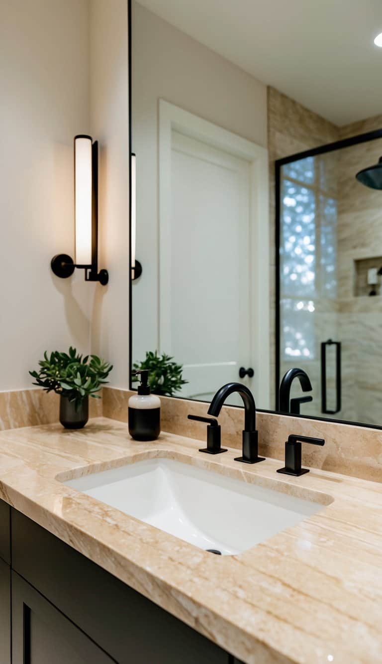 A beige marble countertop with sleek black fixtures in a modern bathroom
