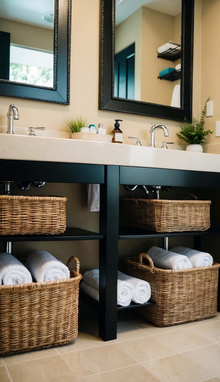 Wicker baskets in a beige and black bathroom, holding towels and toiletries, arranged neatly on shelves and under the sink
