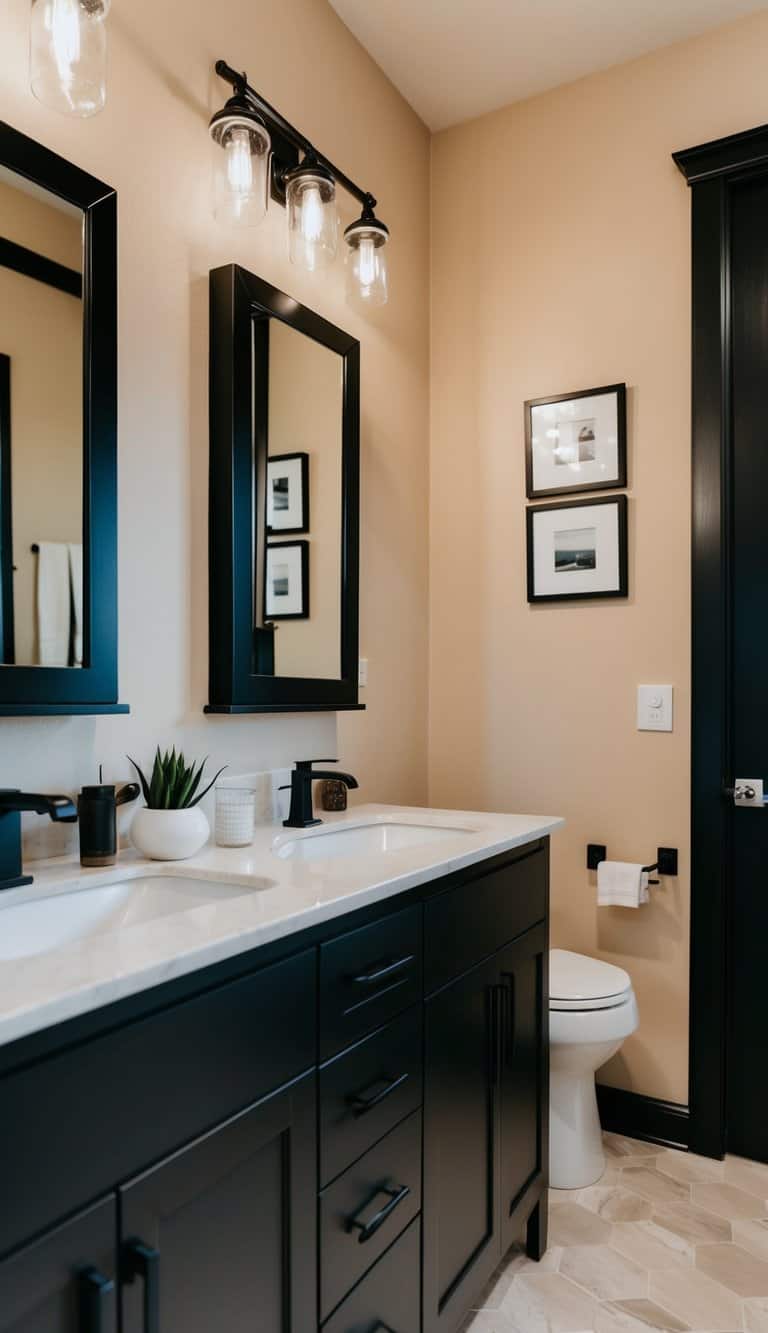 A modern bathroom with black framed mirrors, beige walls, and black accents
