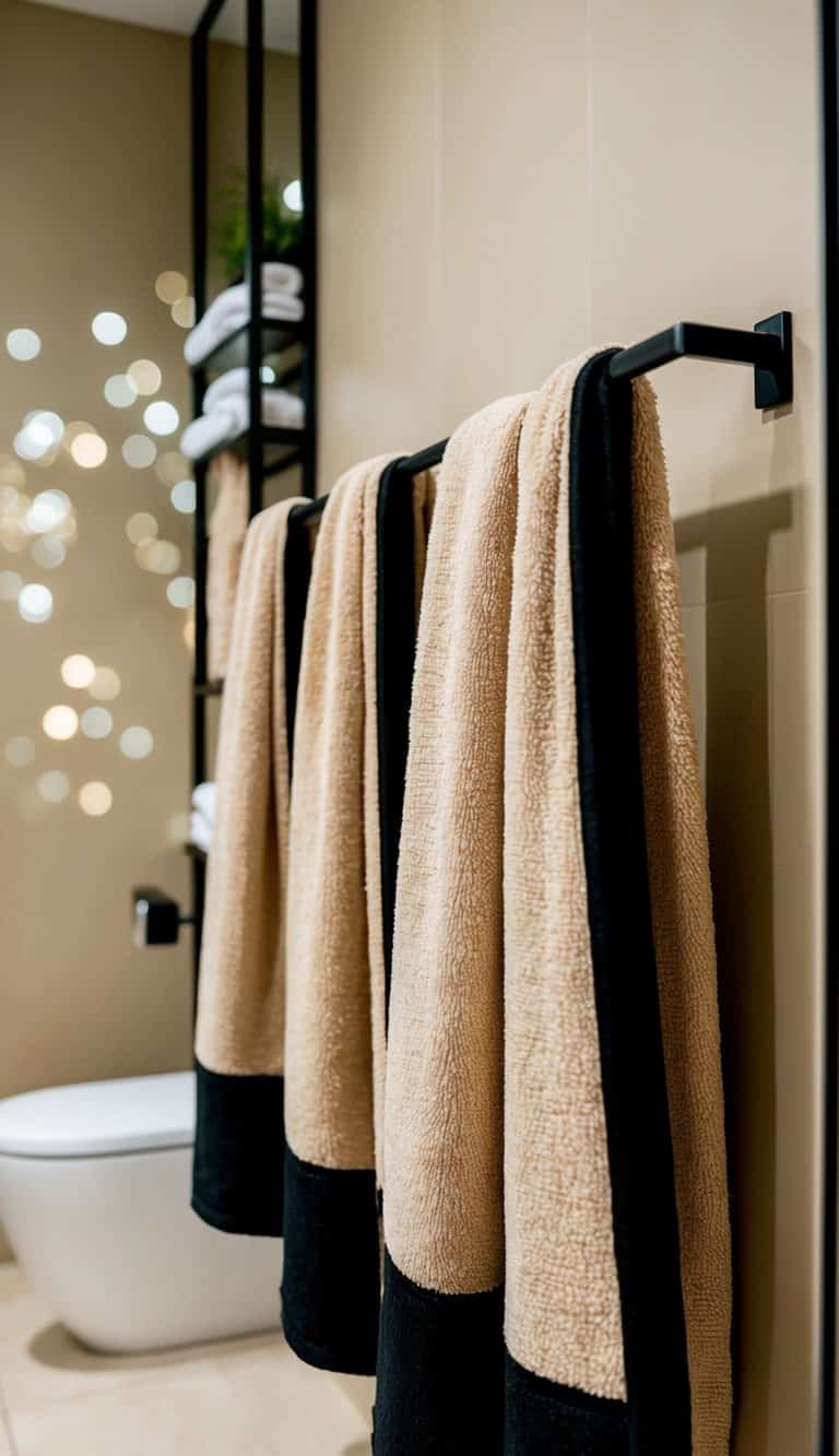 Beige towels with black accents hang on a towel rack in a modern bathroom with beige and black color scheme