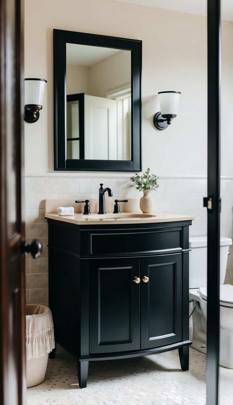 A black vanity with a beige sink in a modern bathroom