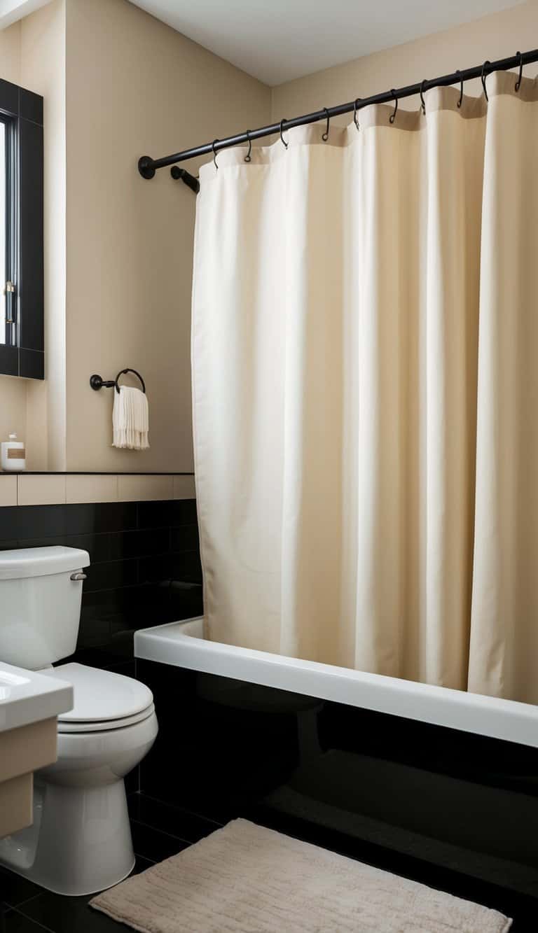 A monochromatic beige shower curtain hangs in a modern beige and black bathroom