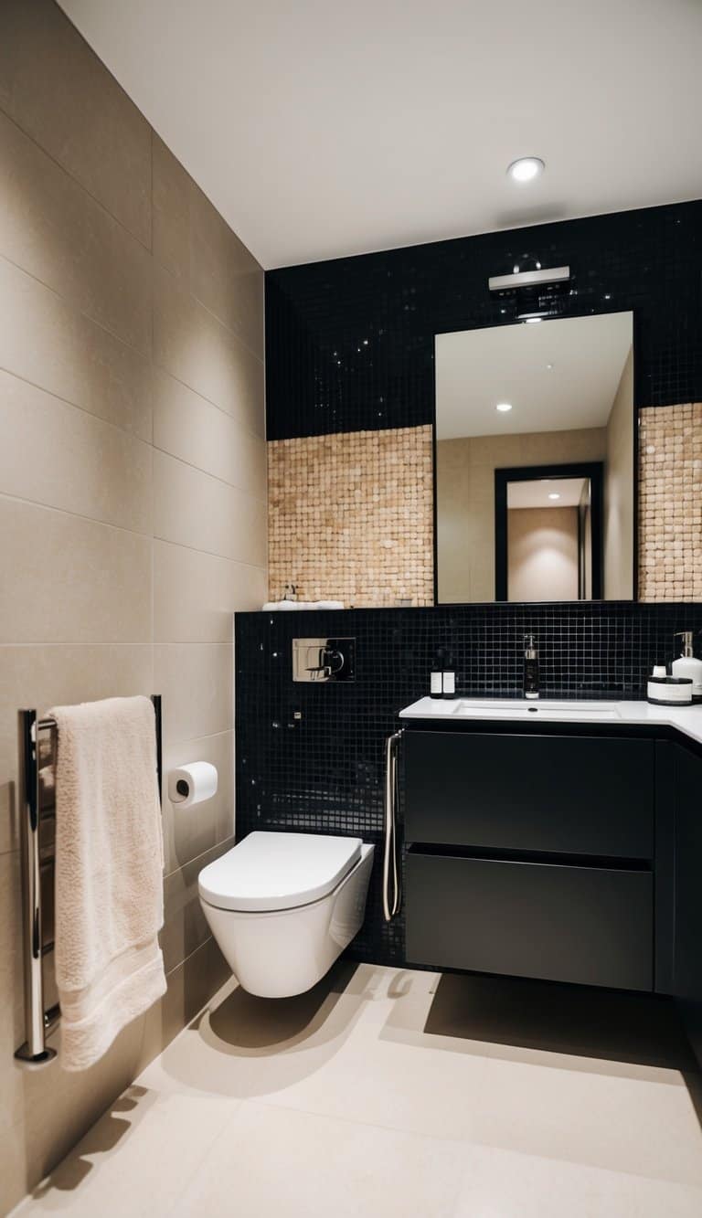 A modern bathroom with a black and beige mosaic backsplash, sleek fixtures, and a minimalist design