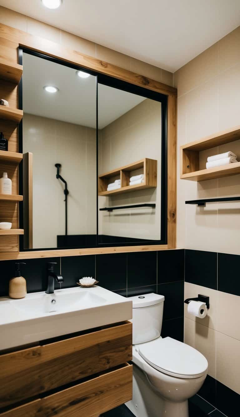 A modern bathroom with beige and black color scheme, featuring natural wood elements such as a wooden vanity, mirror frame, and shelving