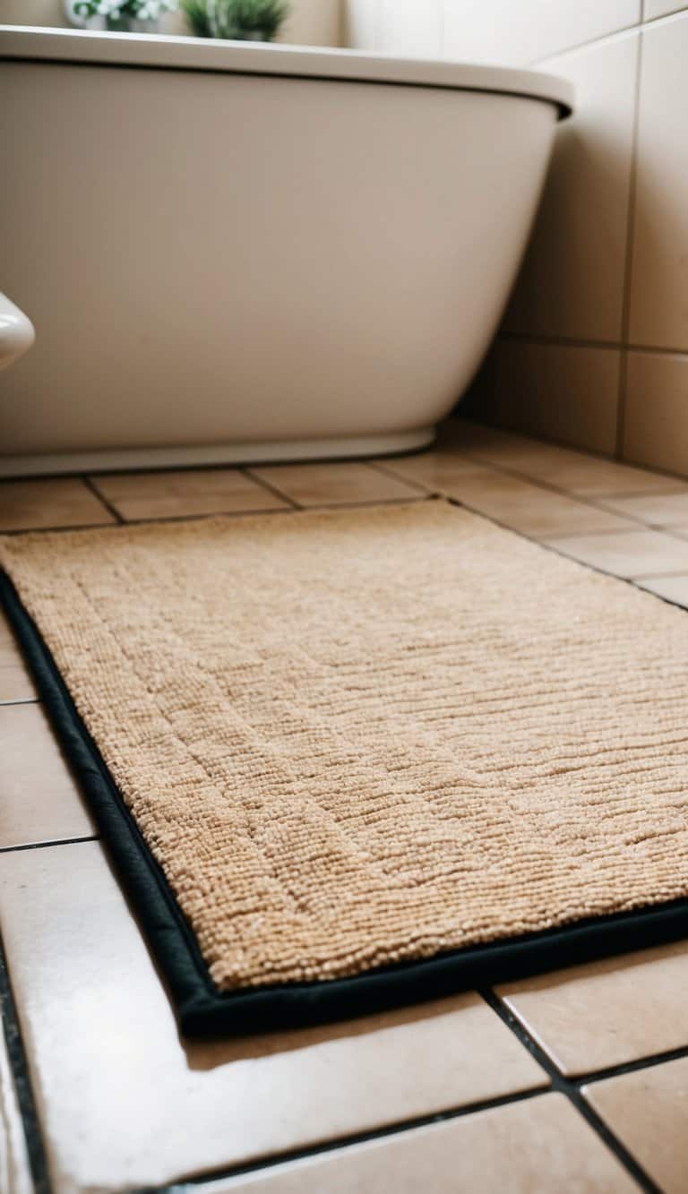 A beige bath mat with black trim lies on a tiled bathroom floor
