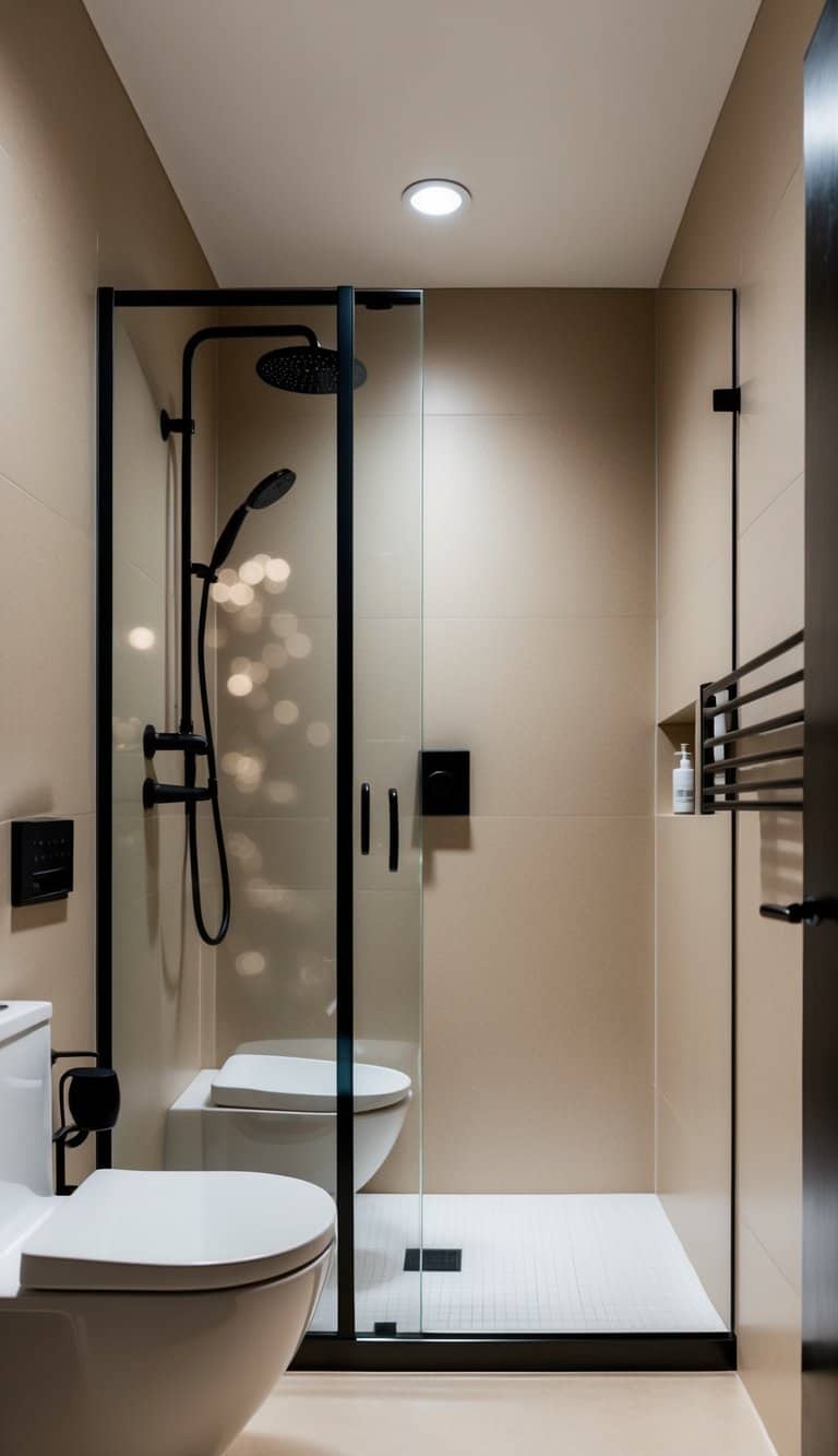 A modern bathroom with beige walls, black shower fixtures, and sleek, minimalist design