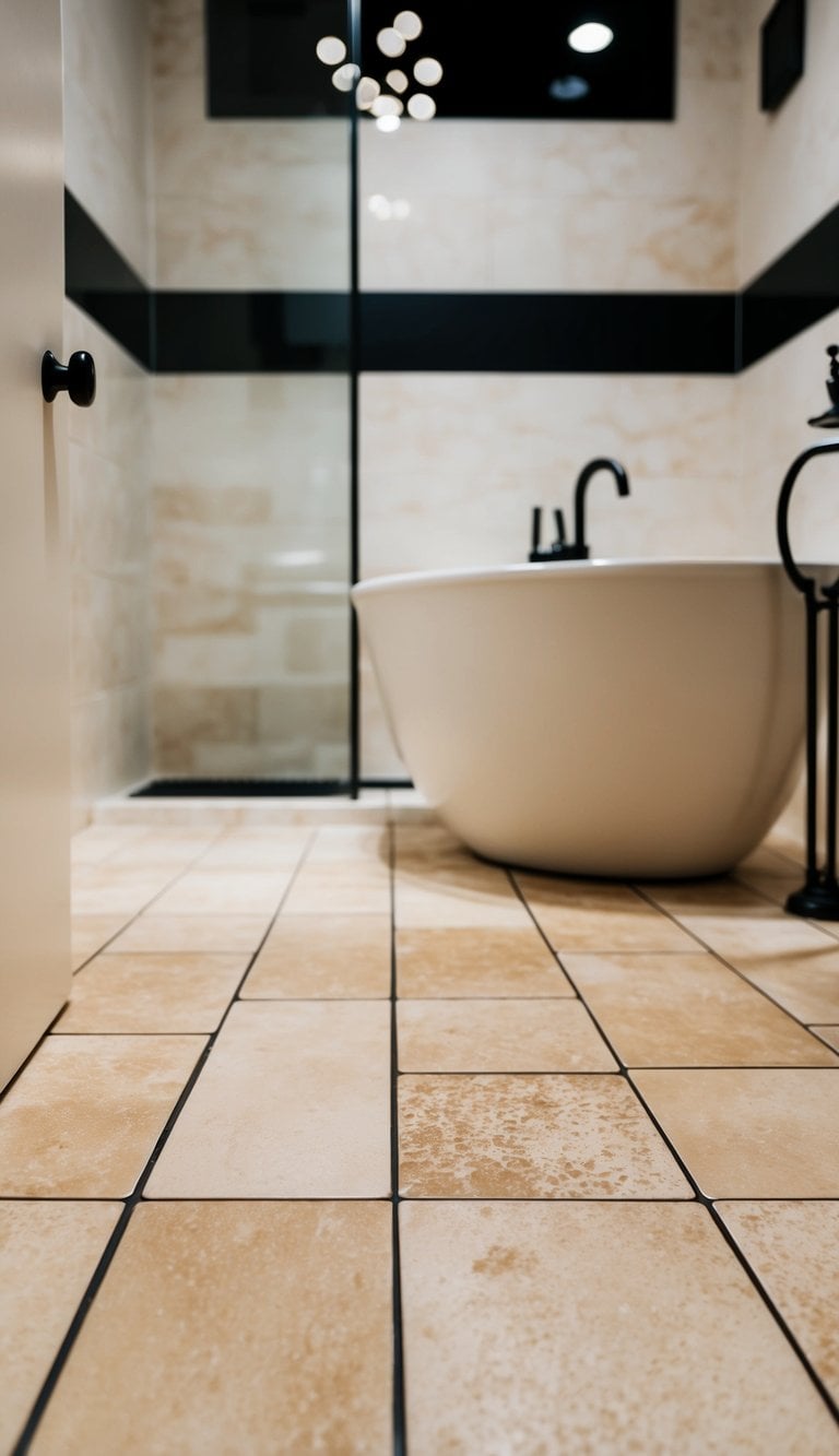Beige stone floor tiles in a modern bathroom with black accents