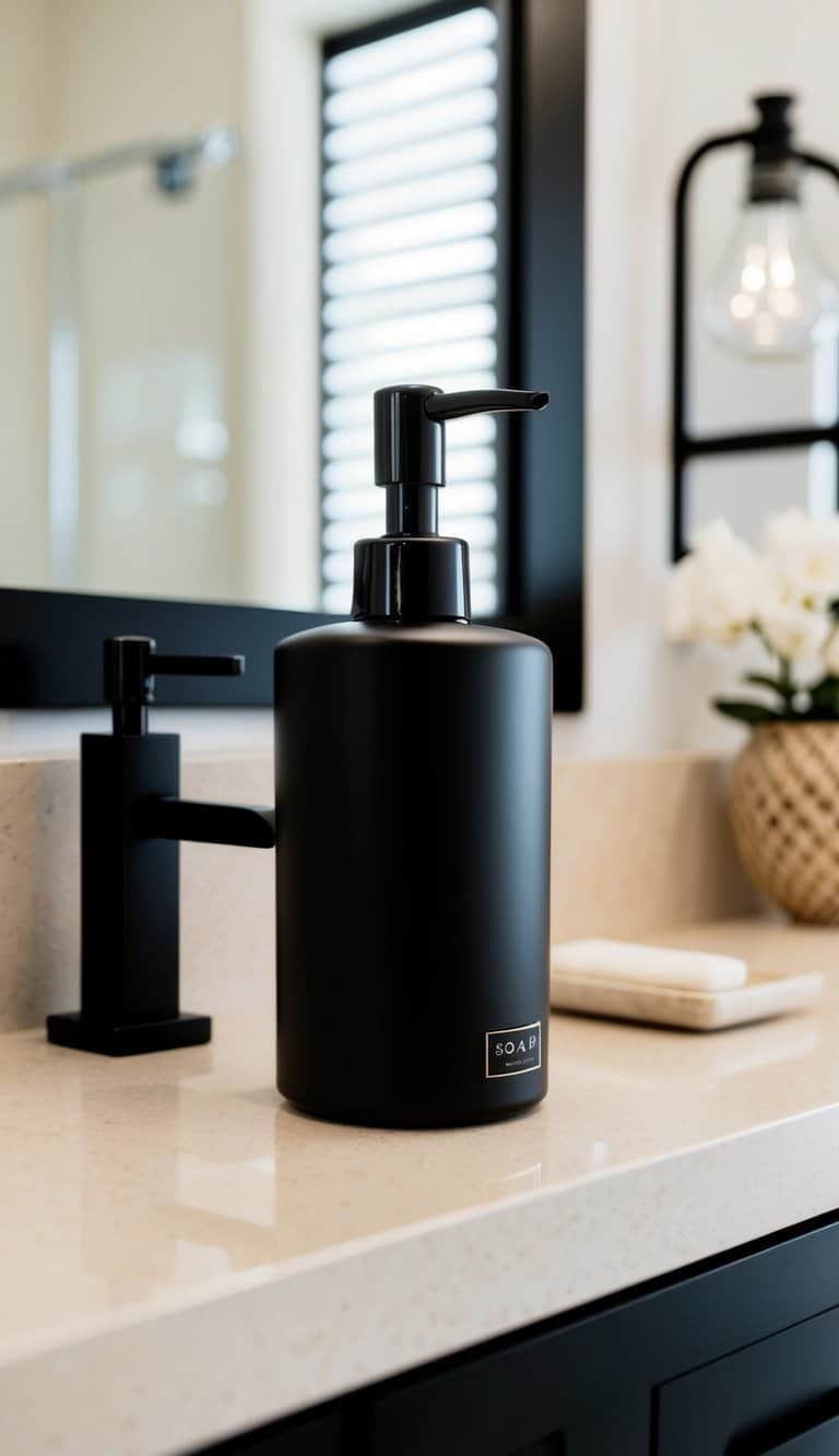 A black soap dispenser sits on a beige countertop in a modern bathroom with black accents