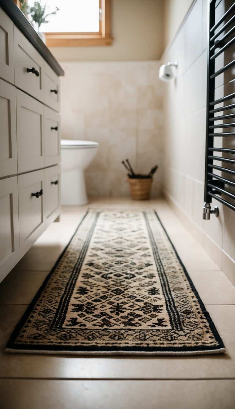 A beige and black patterned rug lies on the tiled floor of a stylish bathroom