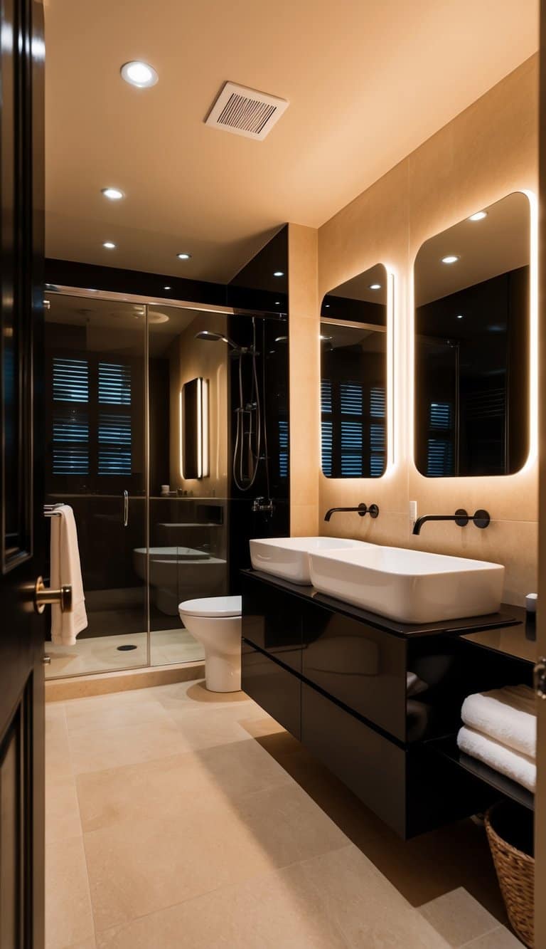 The warm lighting highlights a modern beige and black bathroom with sleek fixtures and clean lines