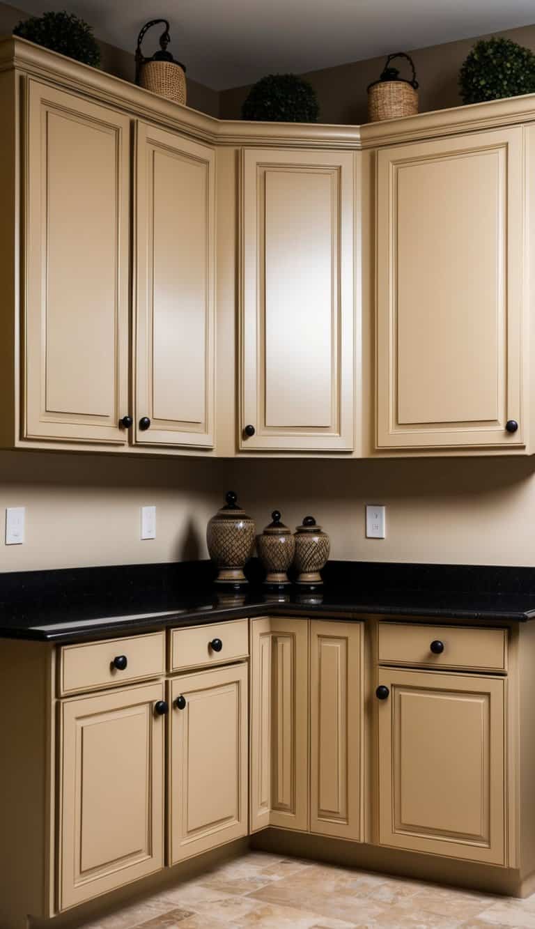 Beige cabinetry with black knobs, accented with matching accessories