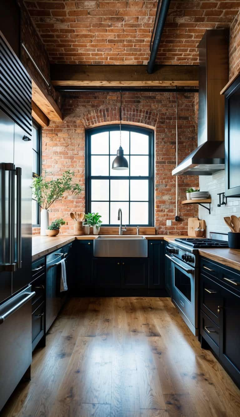 A spacious industrial kitchen with exposed brick walls, stainless steel appliances, and rustic wooden accents. Large windows let in natural light, illuminating the raw and refined elements of the design